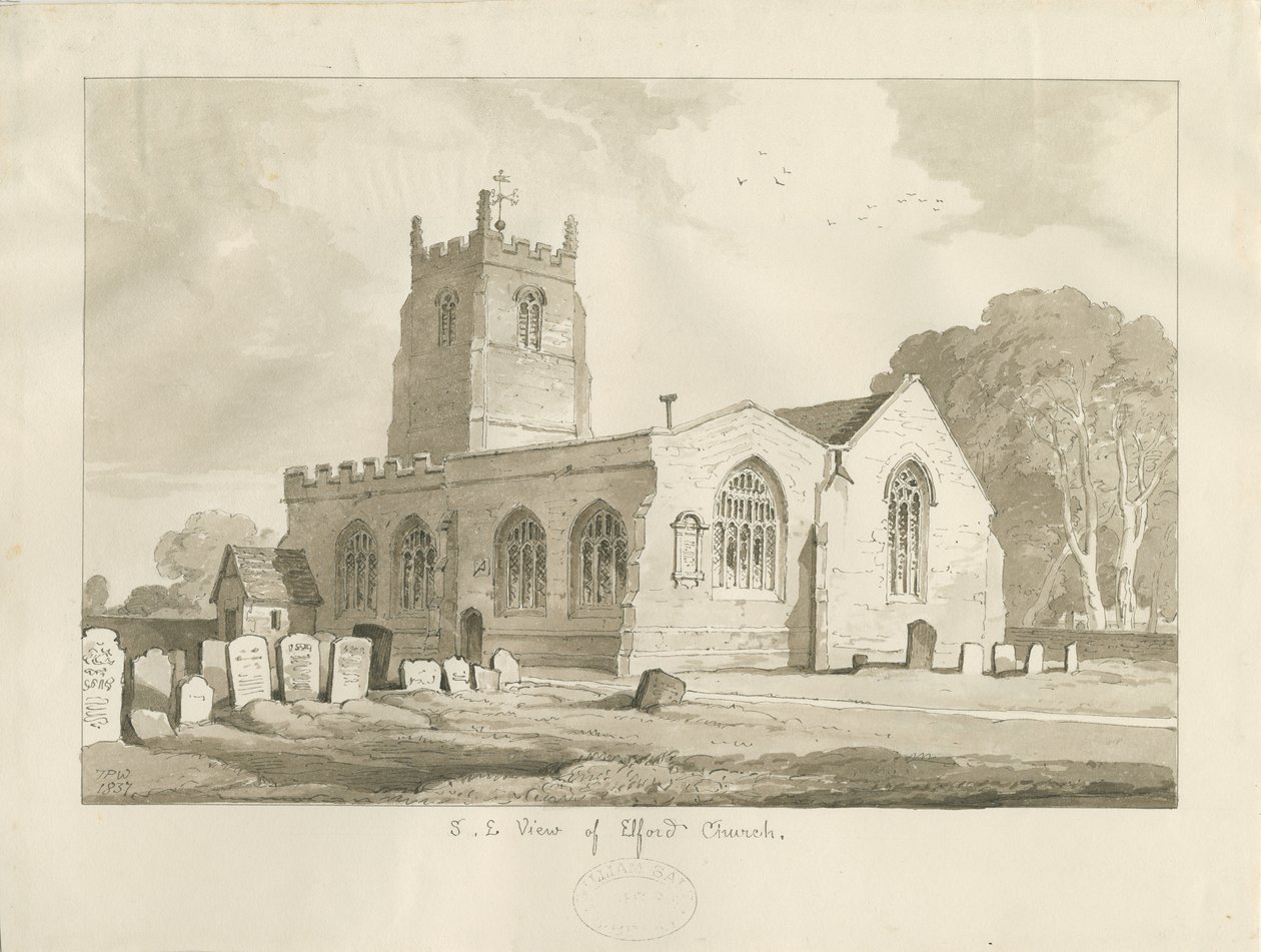 Elford Church: sépiová kresba, 1837 od Thomas Peploe Wood
