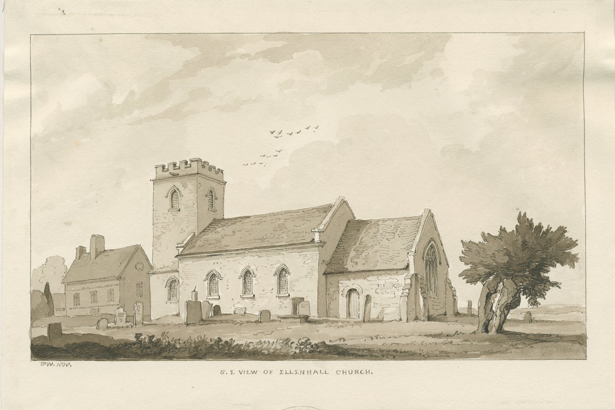 Ellenhall Church: sépiová kresba od Thomas Peploe Wood
