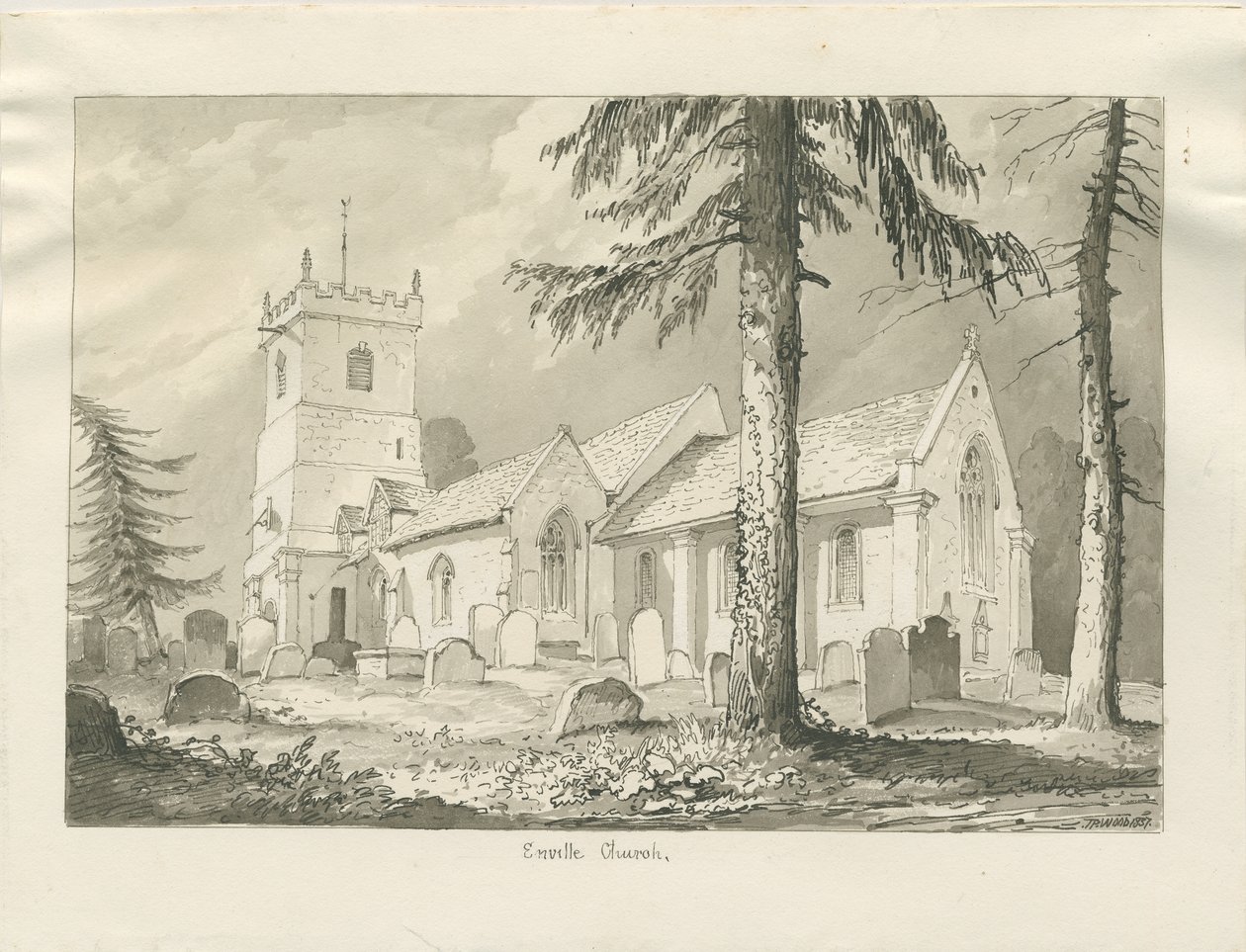Enville Church: sépiová kresba, 1837 od Thomas Peploe Wood