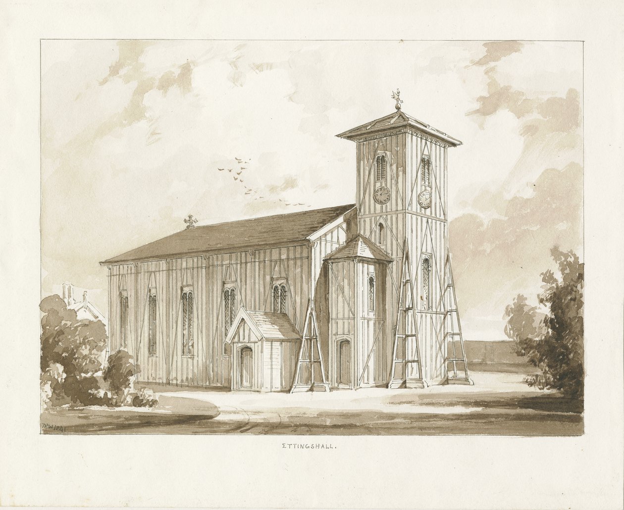 Kostel Ettingshall: sépiová lavírovaná kresba, 1841 od Thomas Peploe Wood