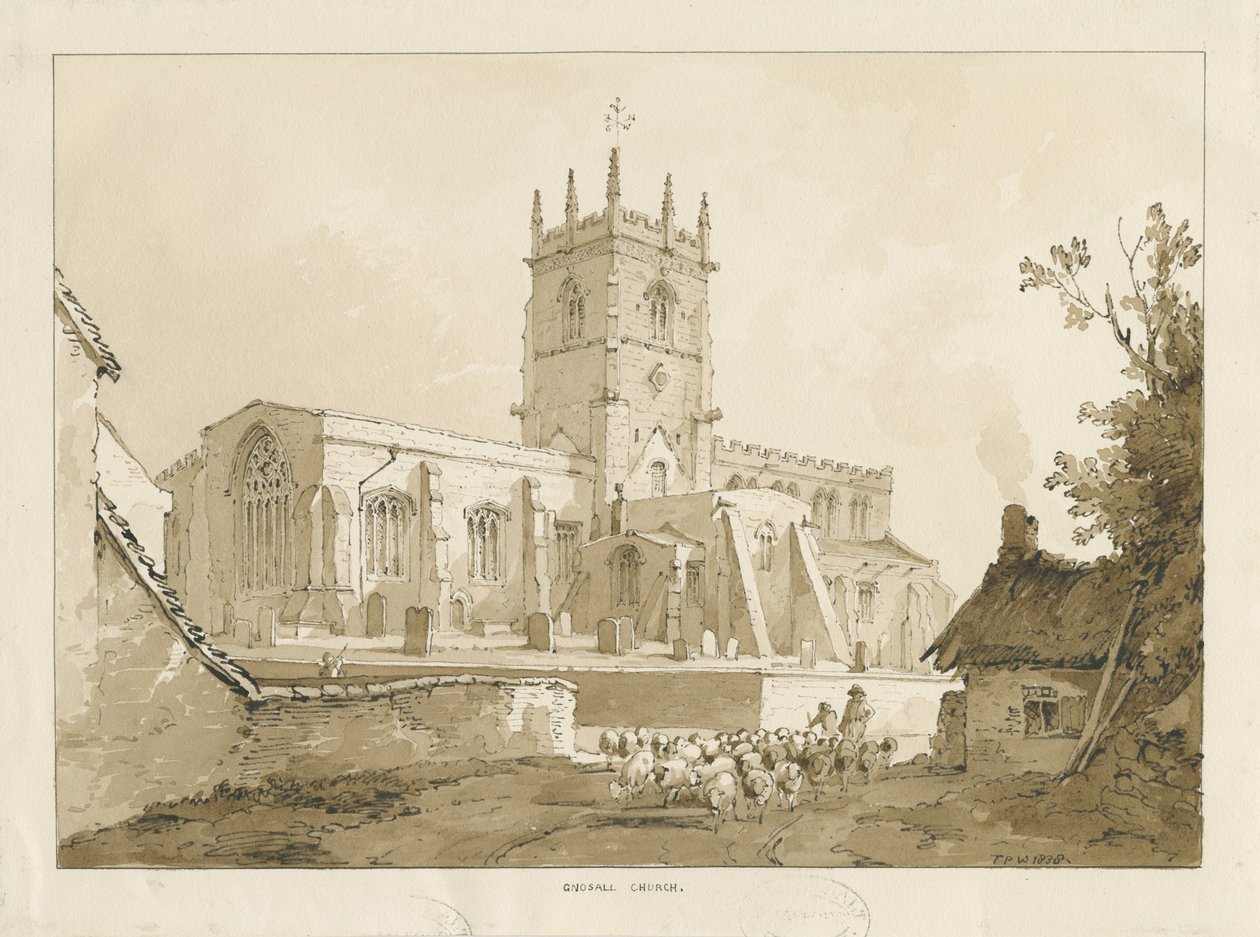 Gnosall Church: lavírovaná kresba, 1838 od Thomas Peploe Wood