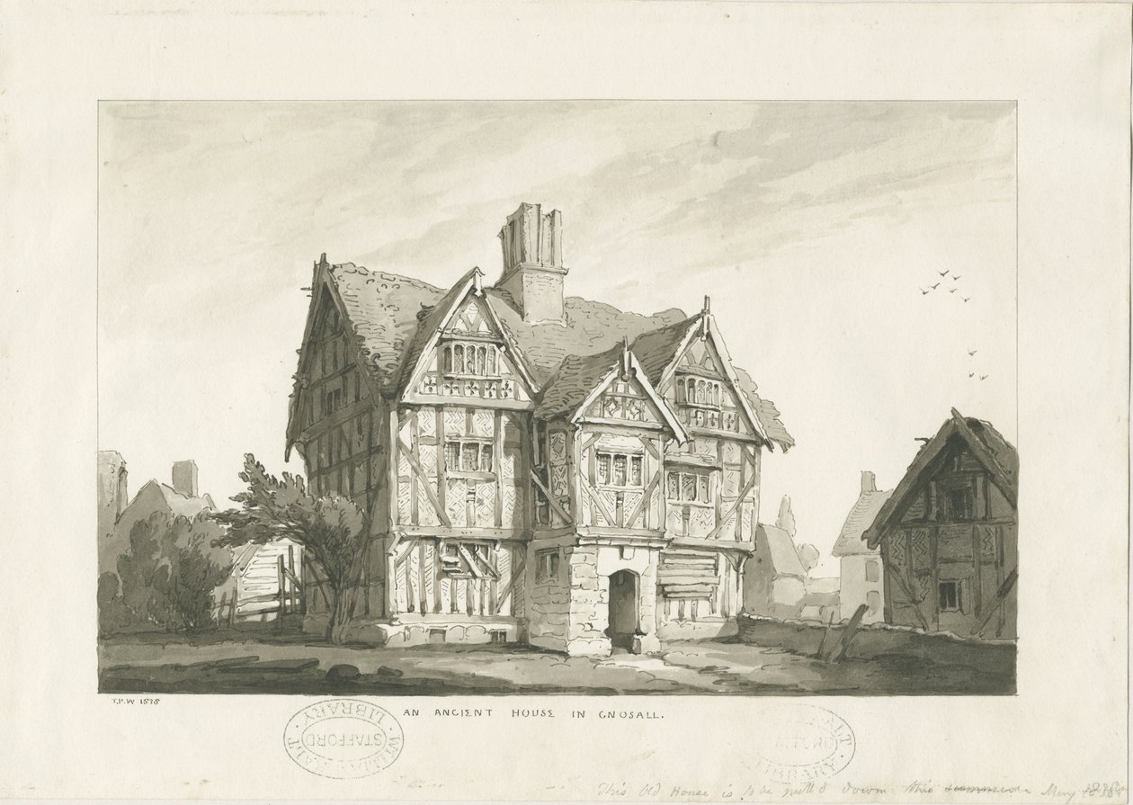 Gnosall Village - Ancient House: lavírovaná kresba od Thomas Peploe Wood