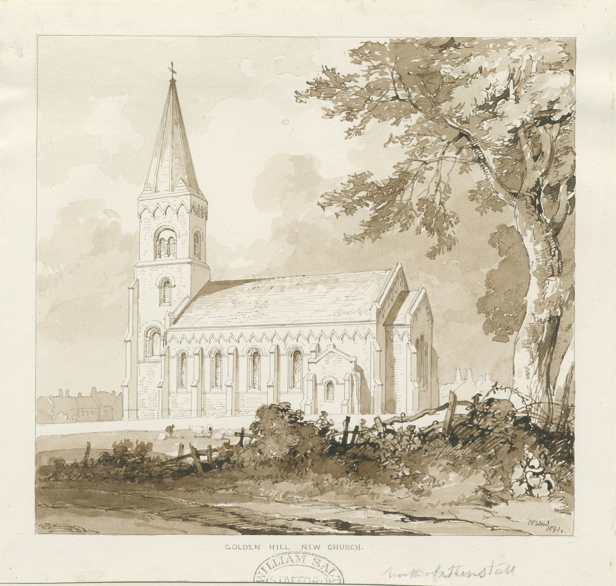 Golden Hill Church: sépie lavírovaná kresba od Thomas Peploe Wood