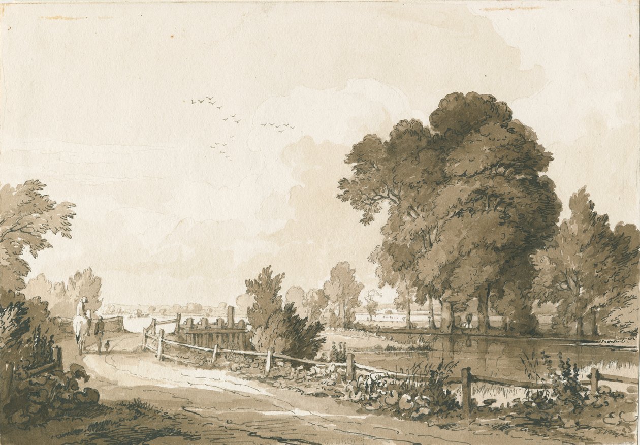 Great Haywood - Floodgates on the River Trent: kresba perem a sépií, 17. července 1838 od Thomas Peploe Wood