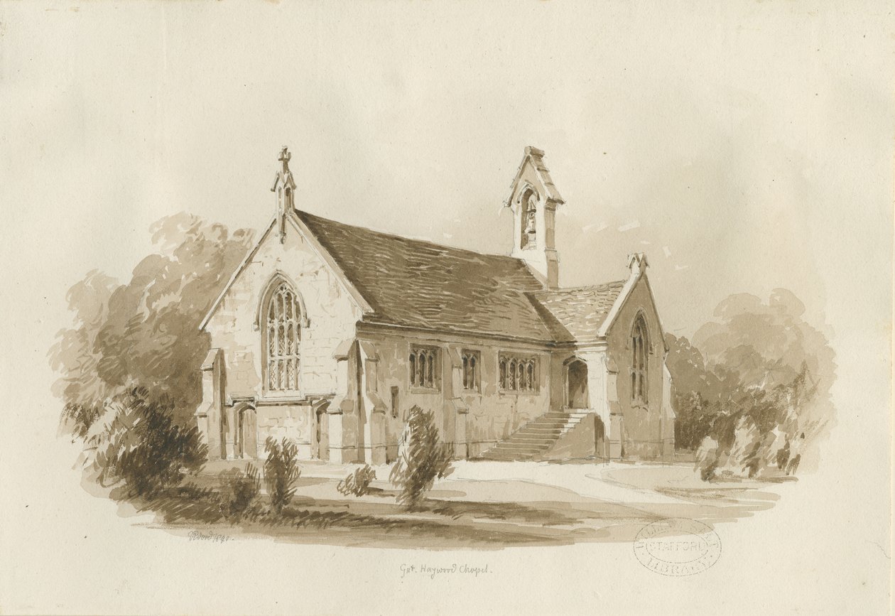 Great Haywood Chapel: sépiová lavírovaná kresba, 1840 od Thomas Peploe Wood