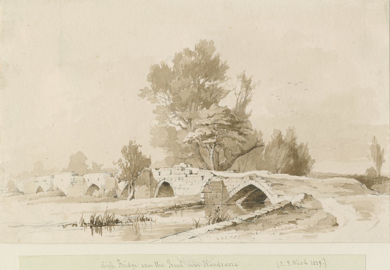 Handsacre - Old High Bridge: sépiová kresba, 1839 od Thomas Peploe Wood