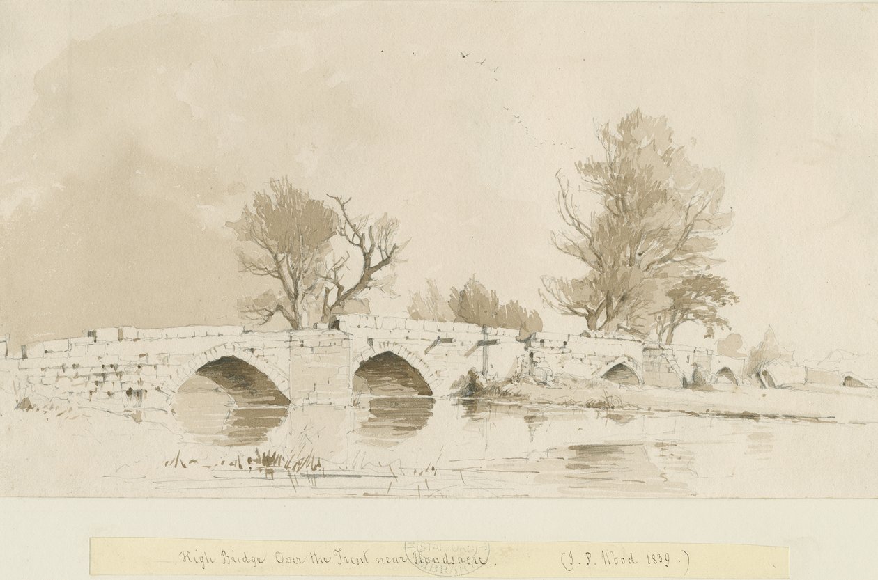 Handsacre - Old High Bridge: sépie lavírovaná kresba od Thomas Peploe Wood