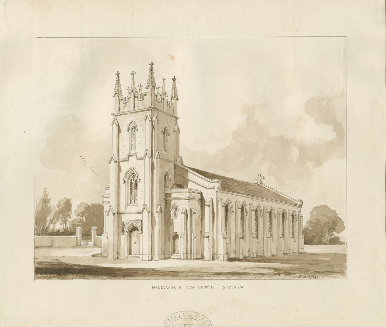 Handsworth Church: sépiová kresba od Thomas Peploe Wood