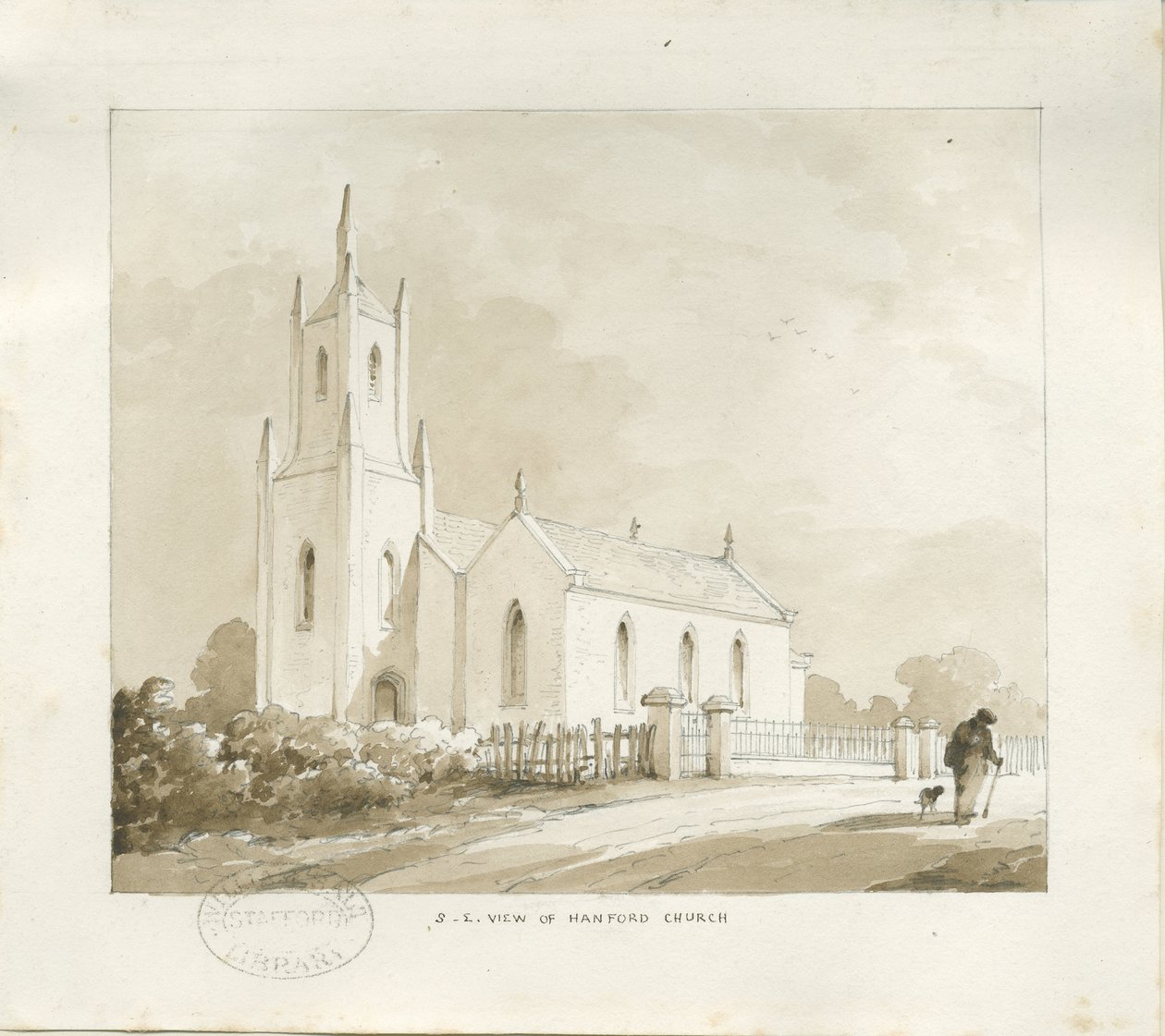 Hanford Church: kresba tužkou a lavírováním, nd [?1838] (kresba) od Thomas Peploe Wood