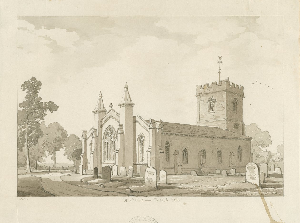 Harborne Church: sépie lavírovaná kresba od Thomas Peploe Wood