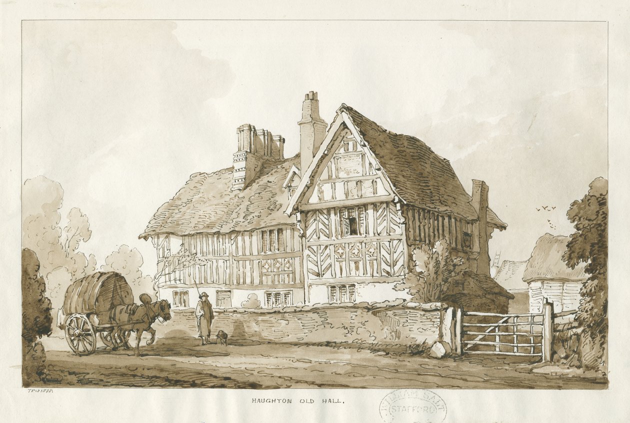 Haughton - Old Hall: sépiová kresba, 1838 od Thomas Peploe Wood