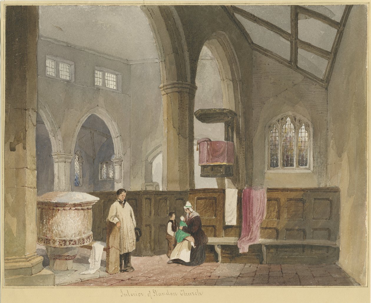 Interiér Standon Church: malba akvarelem a [? polovina 19. století] od Thomas Peploe Wood