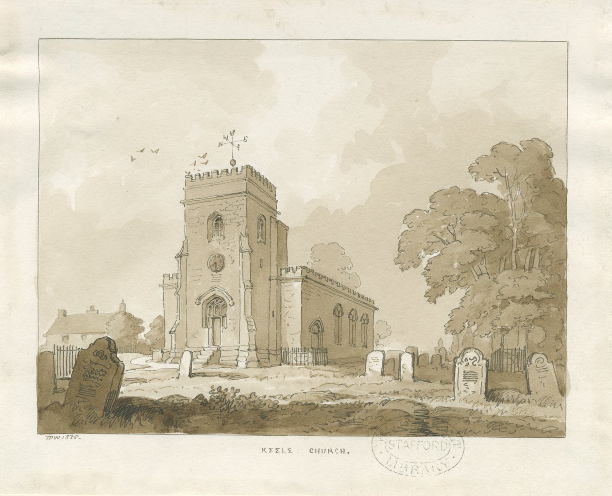 Keele Church: sépiová kresba od Thomas Peploe Wood