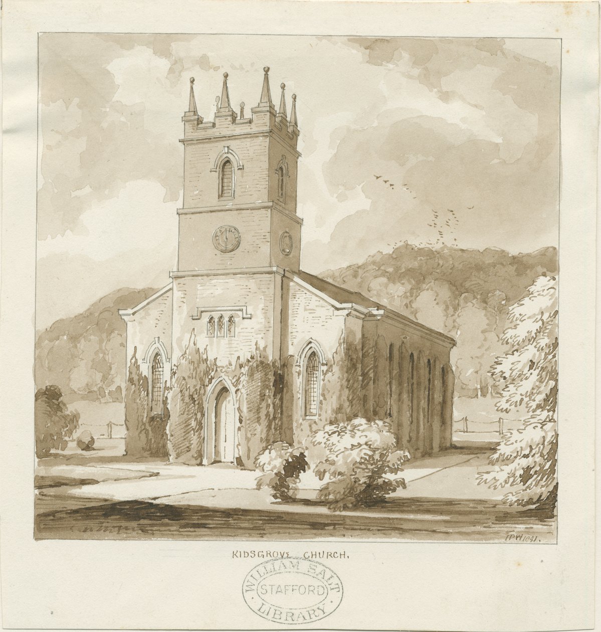Kidsgrove Church: sépie kresba od Thomas Peploe Wood