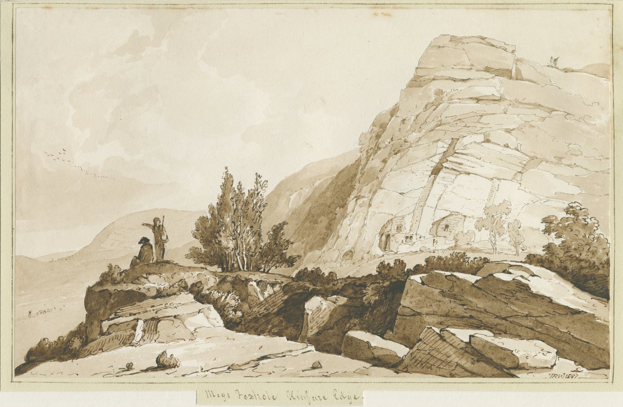 Kinver Edge - "Megs Foxhole": sépiová kresba, 1837 od Thomas Peploe Wood
