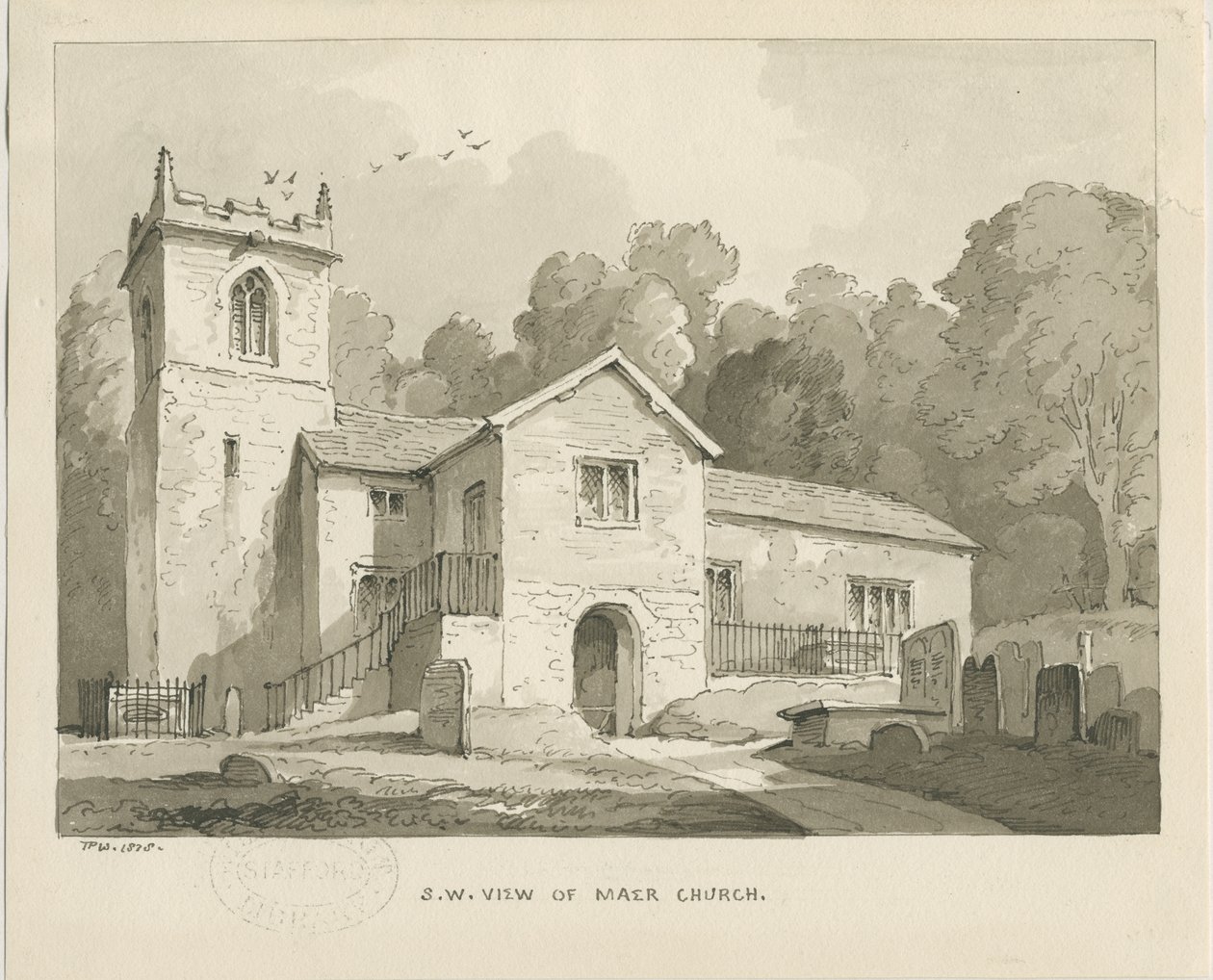Kostel Maer: sépiová lavírovaná kresba, 1838 od Thomas Peploe Wood