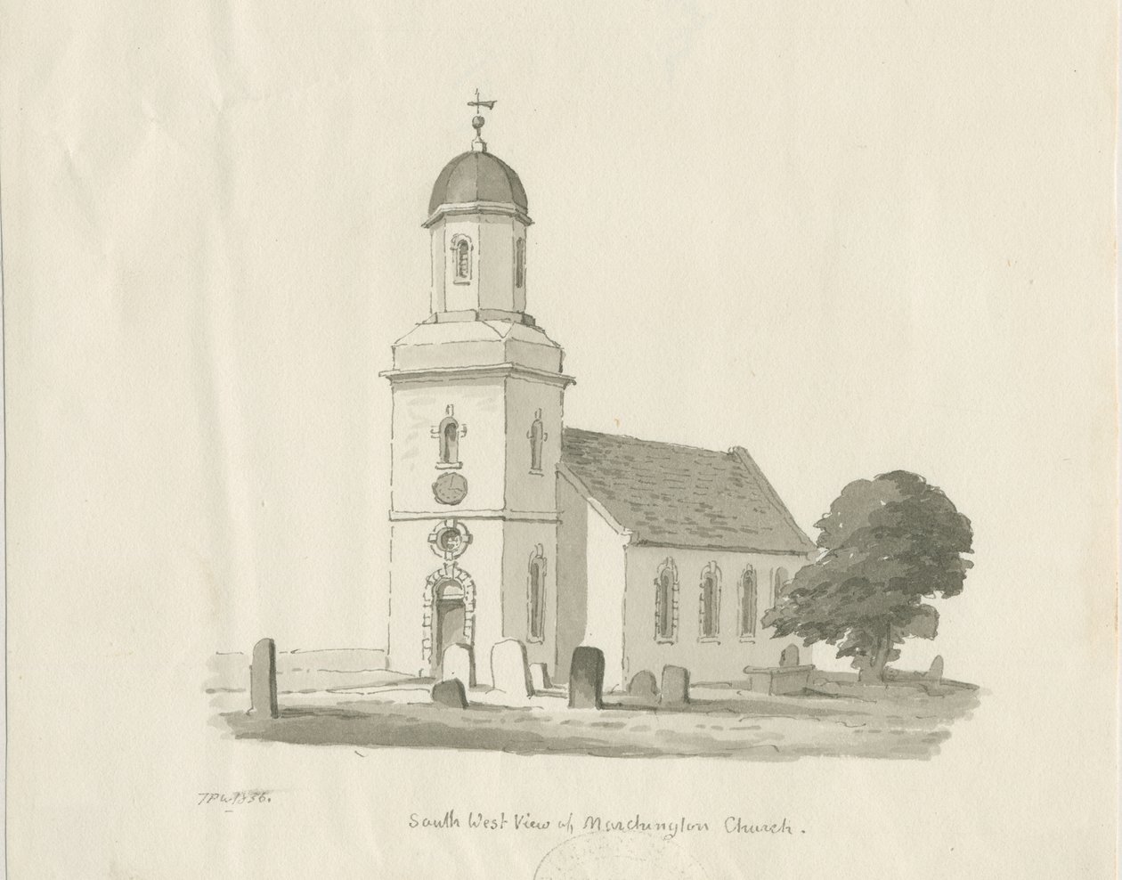 Marchington Church: sépiová kresba, 1836 od Thomas Peploe Wood