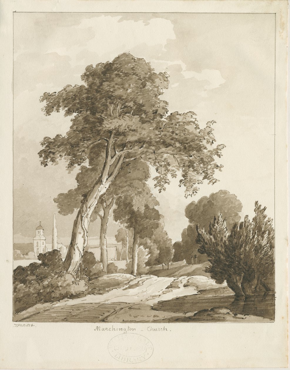 Marchington Church: sépiová kresba, 1836 od Thomas Peploe Wood