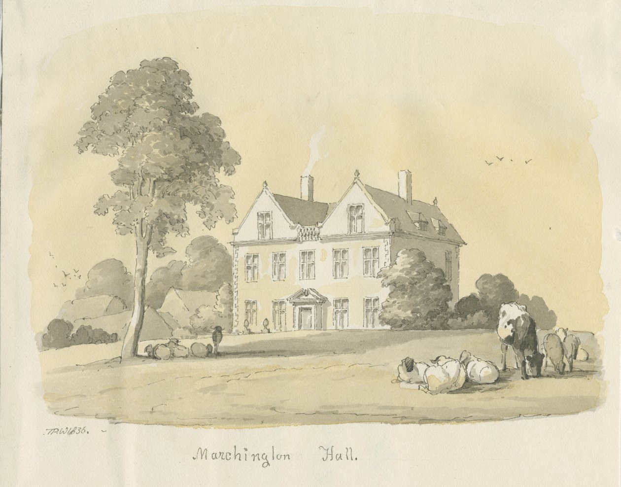 Marchington Hall: malba vodou a tuší, 1836 od Thomas Peploe Wood