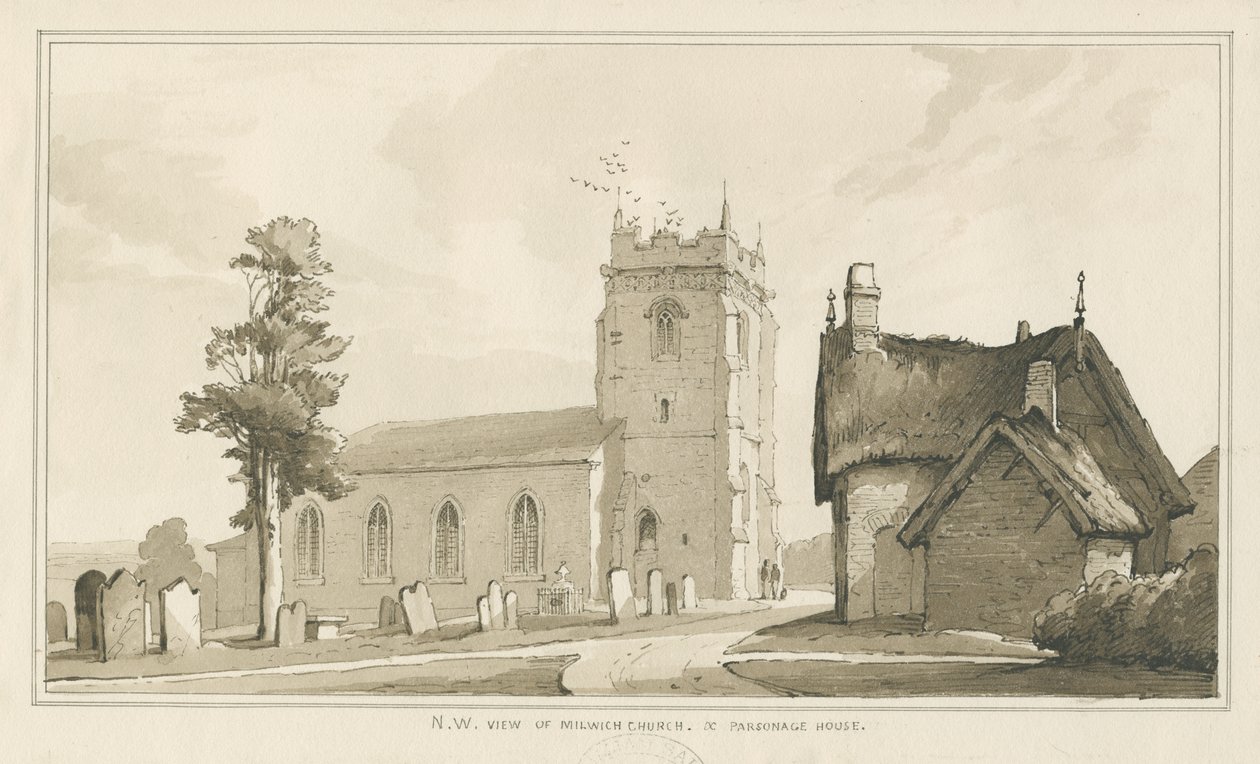 Milwich Church and Farsonage House: perokresba, nd [? 1838] (kresba) od Thomas Peploe Wood