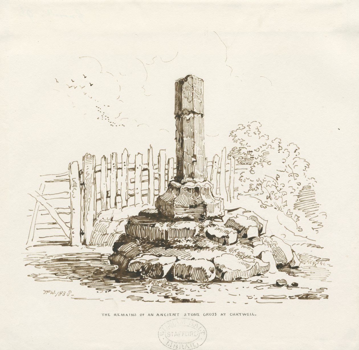 Moreton - Stone Cross zůstává v Chatwell: kresba perem, 1838 od Thomas Peploe Wood