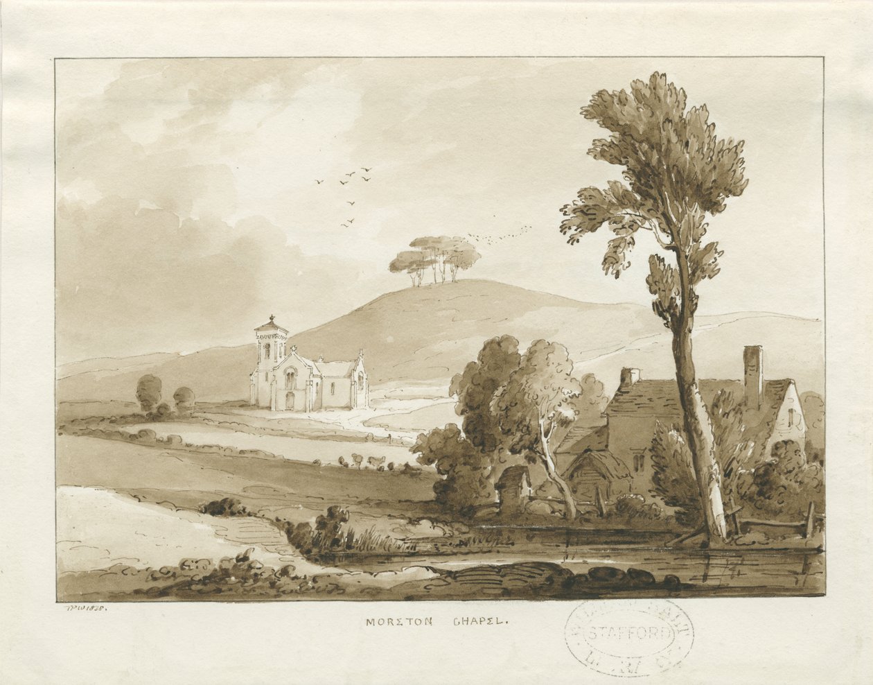 Moreton Chapel: sépiová lavírovaná kresba, 1838 od Thomas Peploe Wood