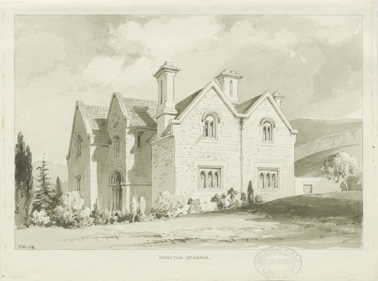 Moreton Vicarage: sépiová lavírovaná kresba, 1841 od Thomas Peploe Wood