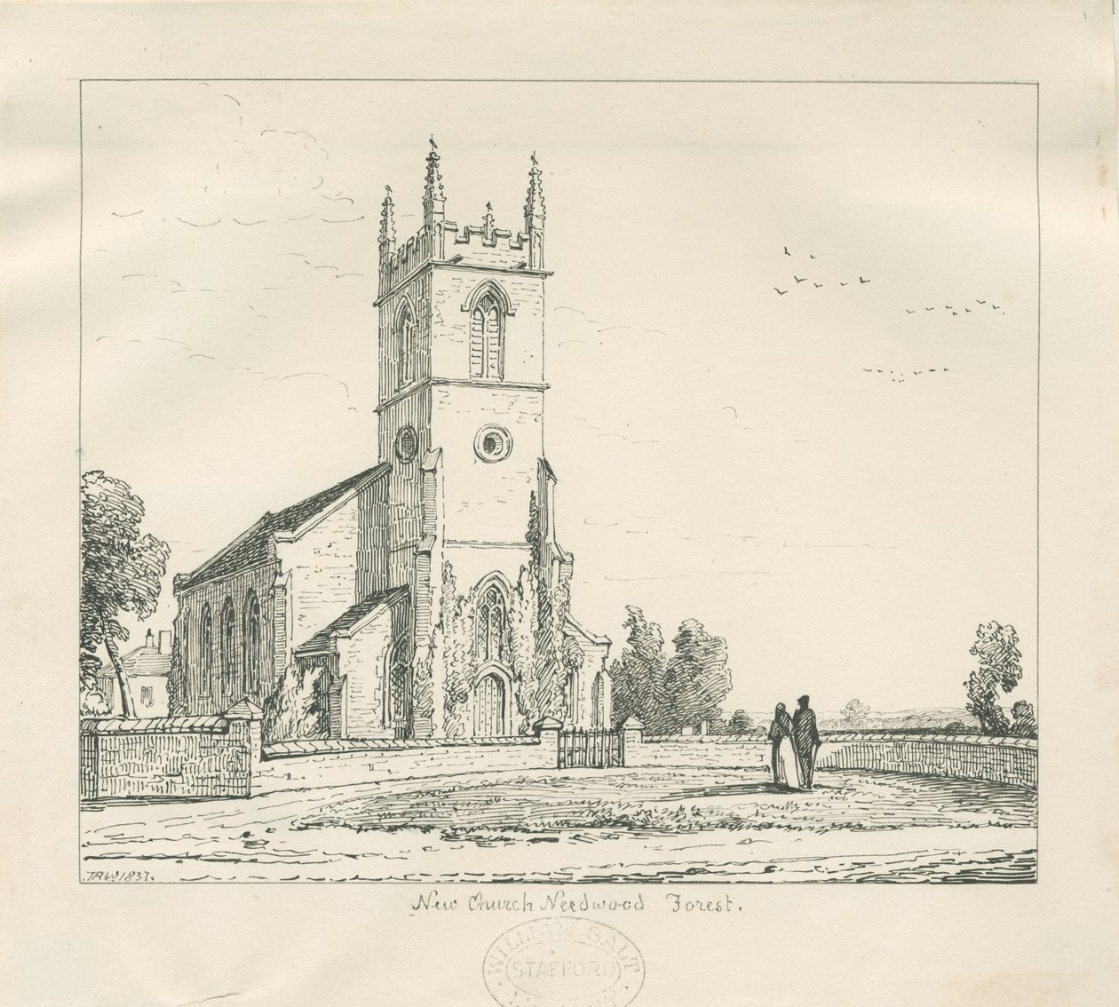 Needwood - "Nový kostel": kresba perem, 1837 od Thomas Peploe Wood
