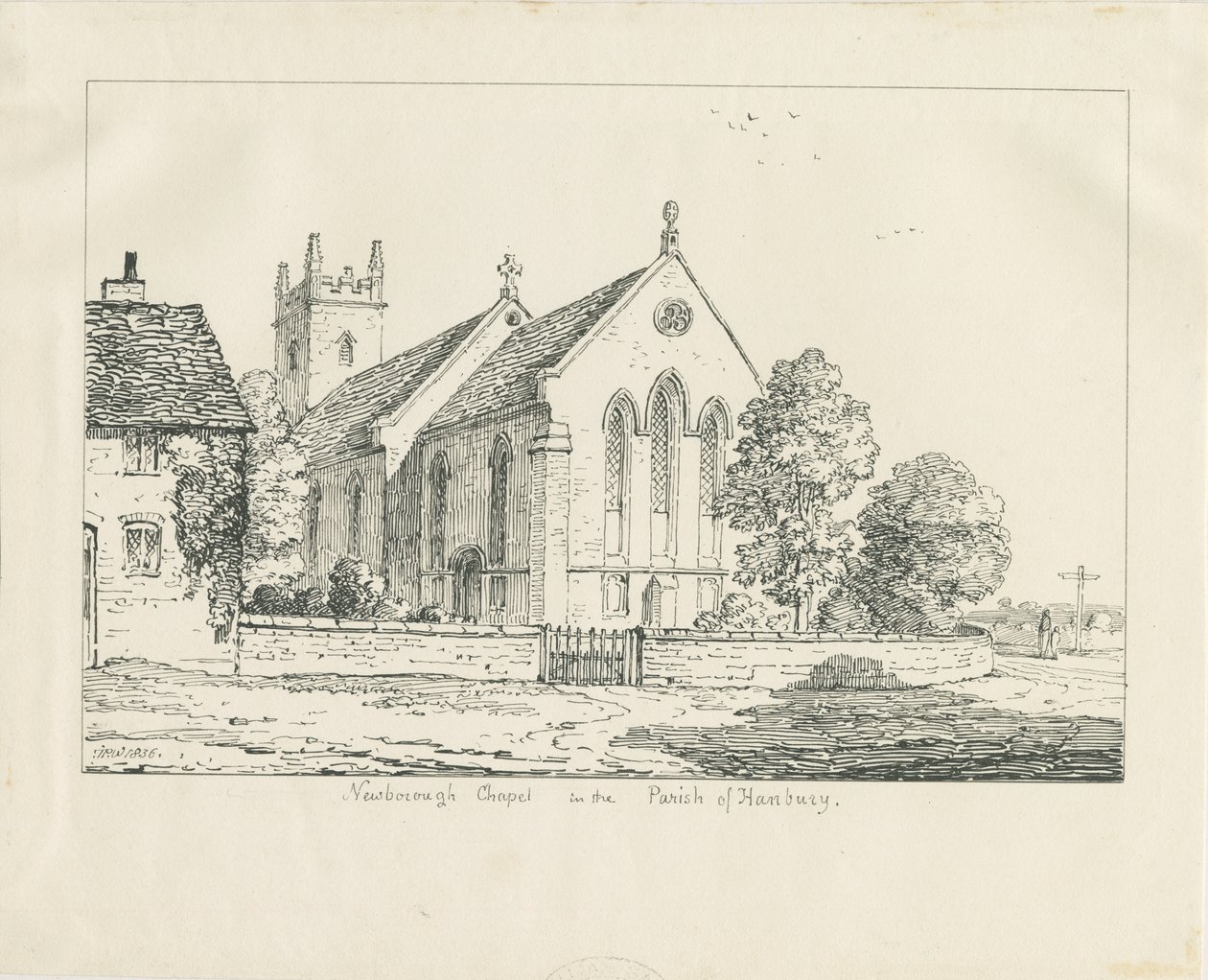 Newborough Church: kresba perem a tuší od Thomas Peploe Wood