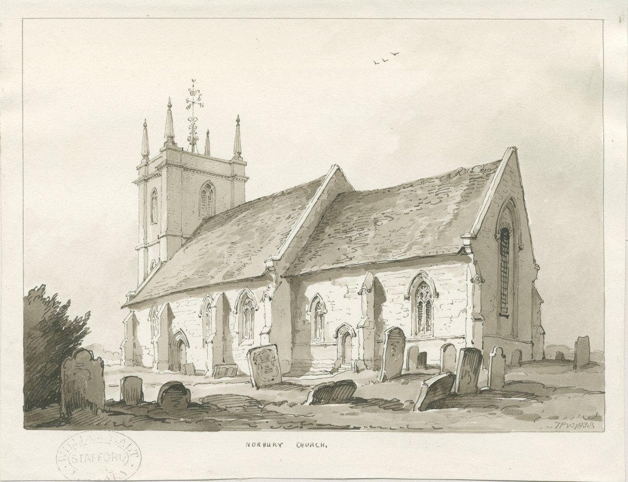Norbury Church: sépie lavírovaná kresba od Thomas Peploe Wood