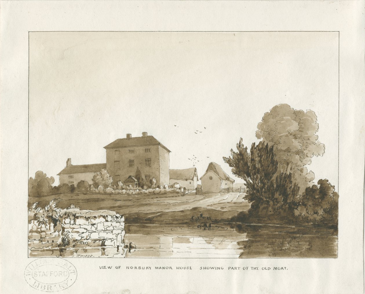 Norbury Manor: sépiová lavírovaná kresba, 1838 od Thomas Peploe Wood