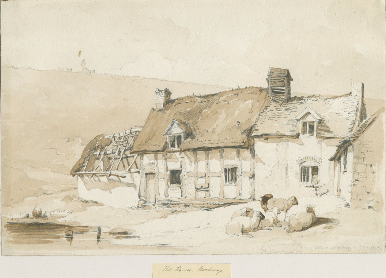 Norbury Village - Staré domy: sépiová kresba od Thomas Peploe Wood