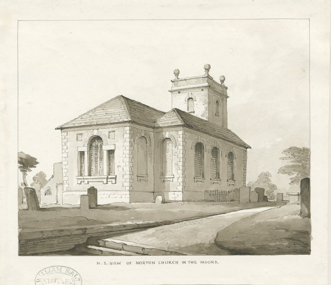 Kostel Norton-in-the-Moors: sépiová kresba, nd [1817-1845] od Thomas Peploe Wood