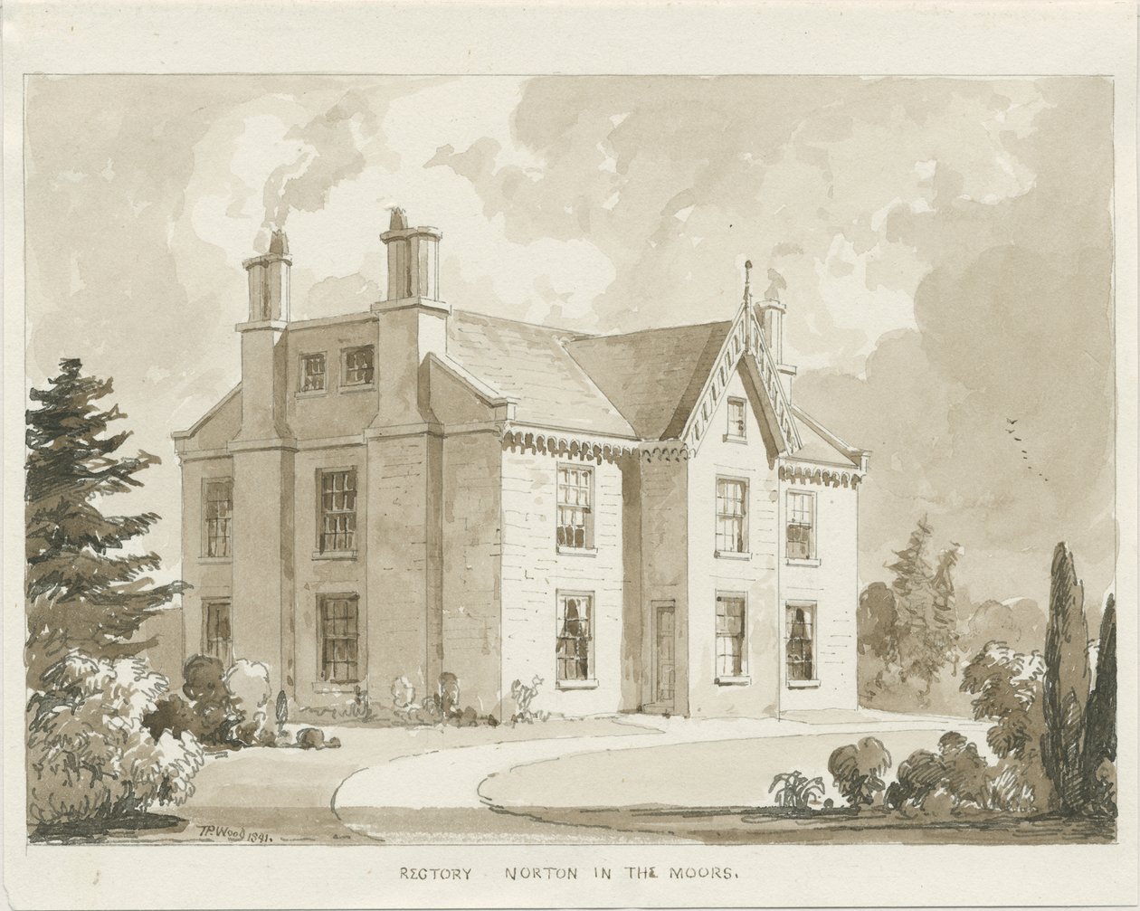 Norton-in-the-Moors Rectory: sépiová kresba, 1841 od Thomas Peploe Wood