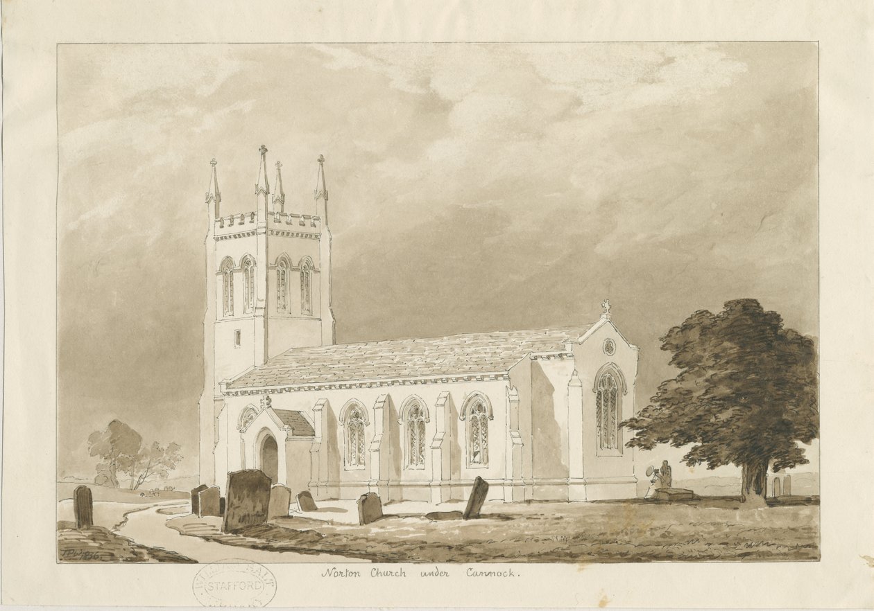 Norton Canes Church: sépiová lavírovaná kresba od Thomas Peploe Wood