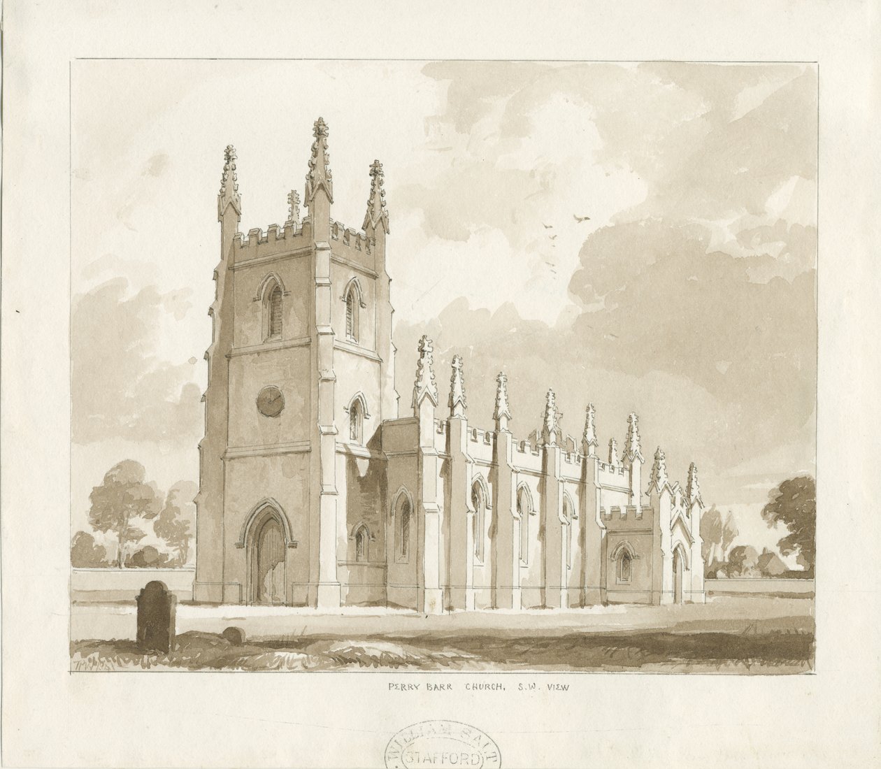 Perry Barr Church: sépiová lavírovaná kresba od Thomas Peploe Wood