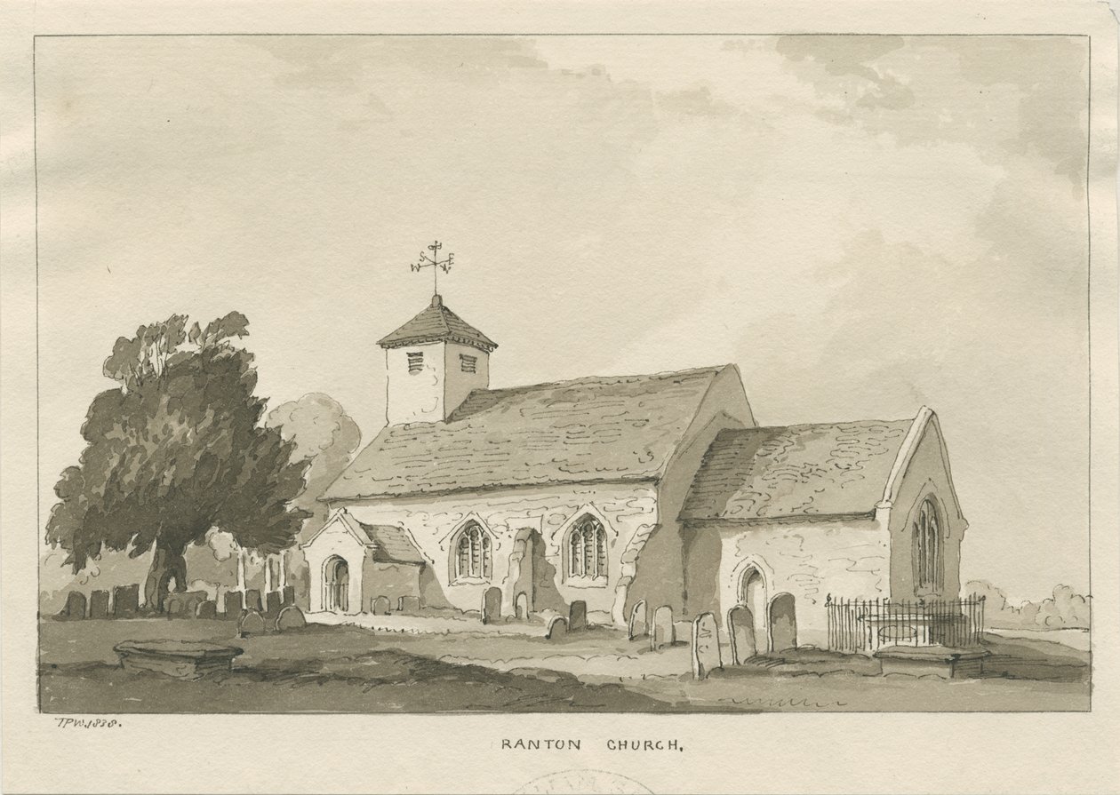 Ranton Church: sépiová kresba od Thomas Peploe Wood