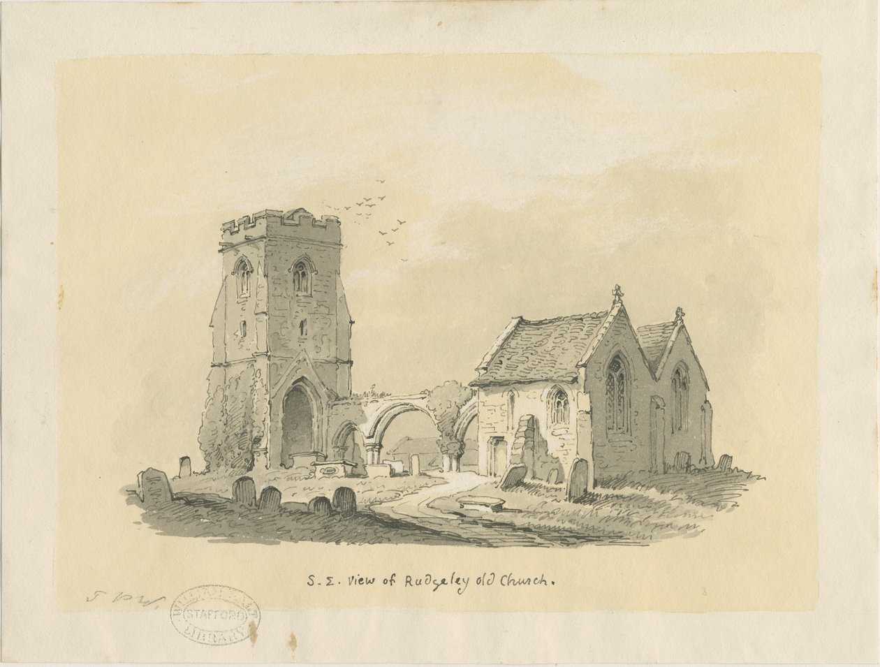 Rugeley Church (Old): sépiová kresba na tónovaném papíře, nd [? 1839] (kresba) od Thomas Peploe Wood