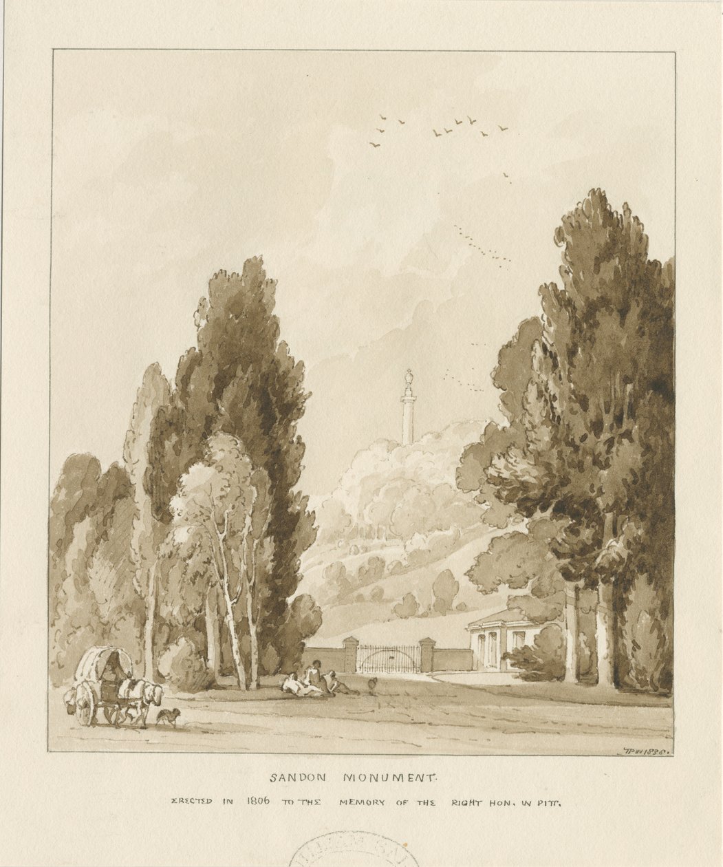 Sandon - Památník Williama Pitta: sépiová lavírovaná kresba, 1838 od Thomas Peploe Wood
