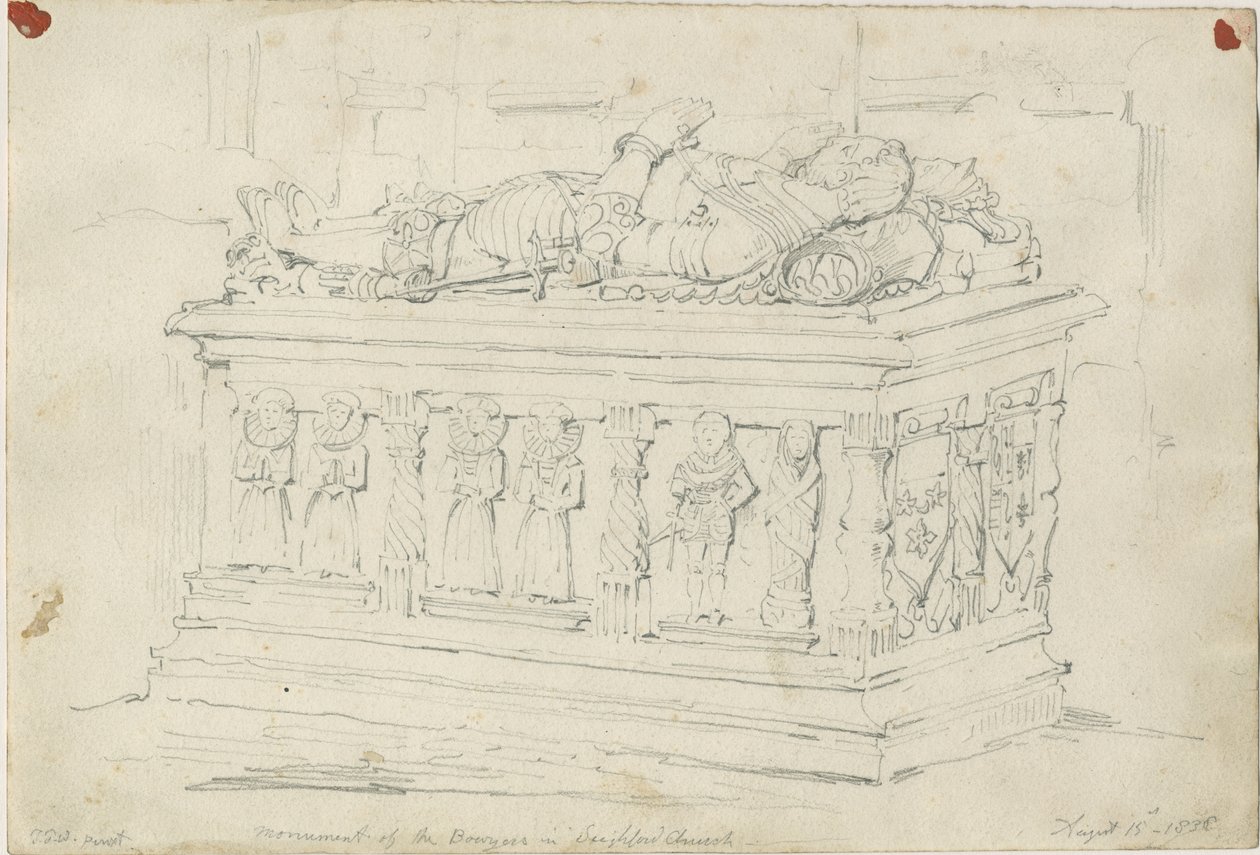 Seighford Church – Hrob Williama a Mercy Bowyerových: kresba tužkou od Thomas Peploe Wood
