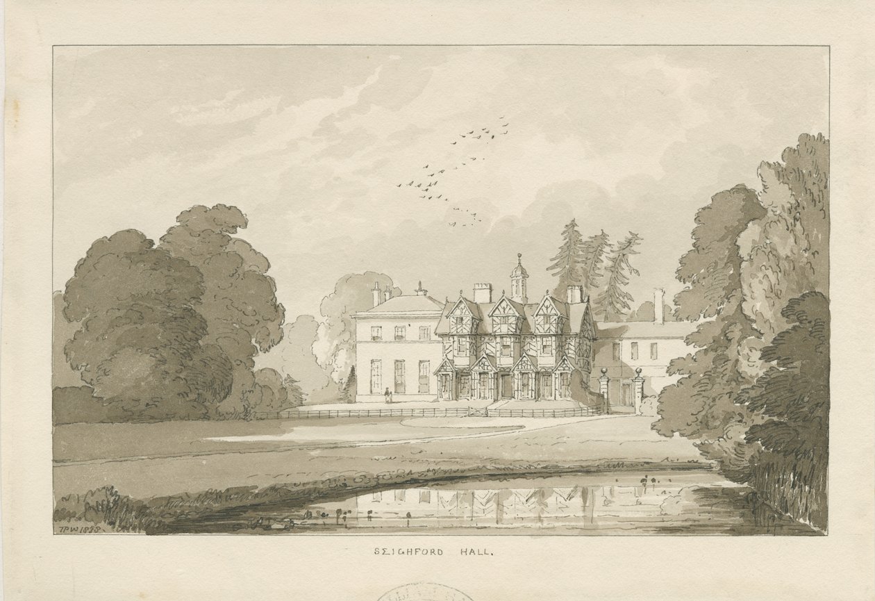 Seighford Hall: kresba sepia wash od Thomas Peploe Wood