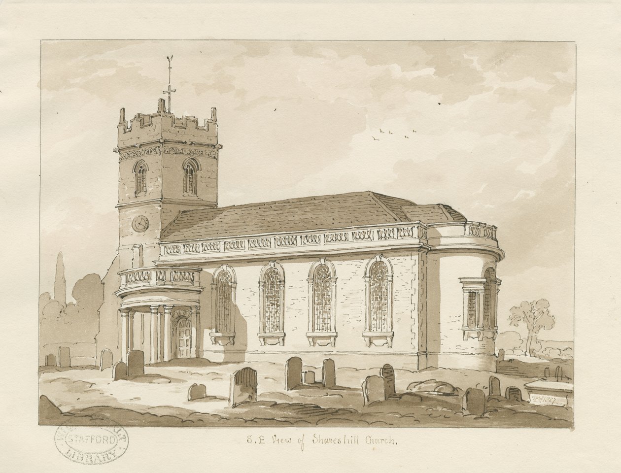 Kostel Shareshill: sépiová kresba, 1837 od Thomas Peploe Wood
