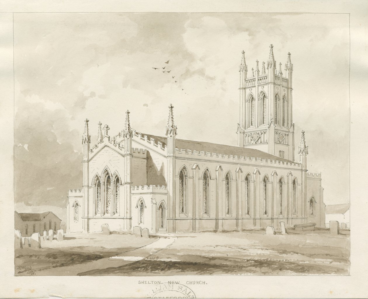Shelton Church: sépie lavírovaná kresba od Thomas Peploe Wood