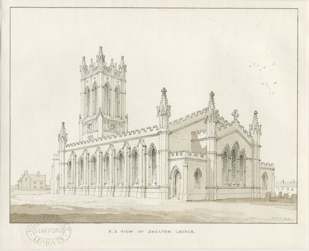 Shelton Church: sépie lavírovaná kresba od Thomas Peploe Wood