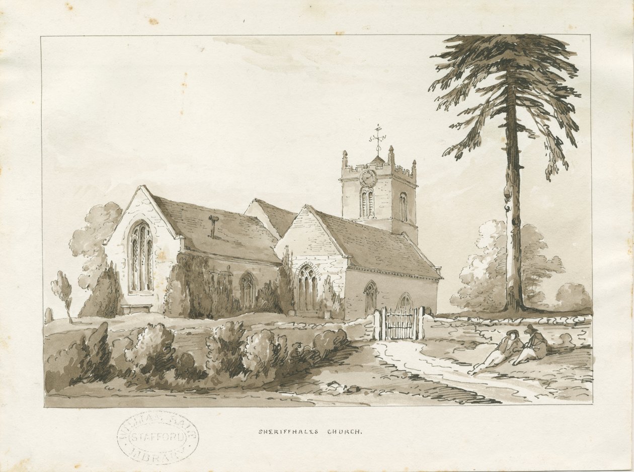 Sheriffhales Church: sépie lavírovaná kresba, nd [?1838] (kresba) od Thomas Peploe Wood