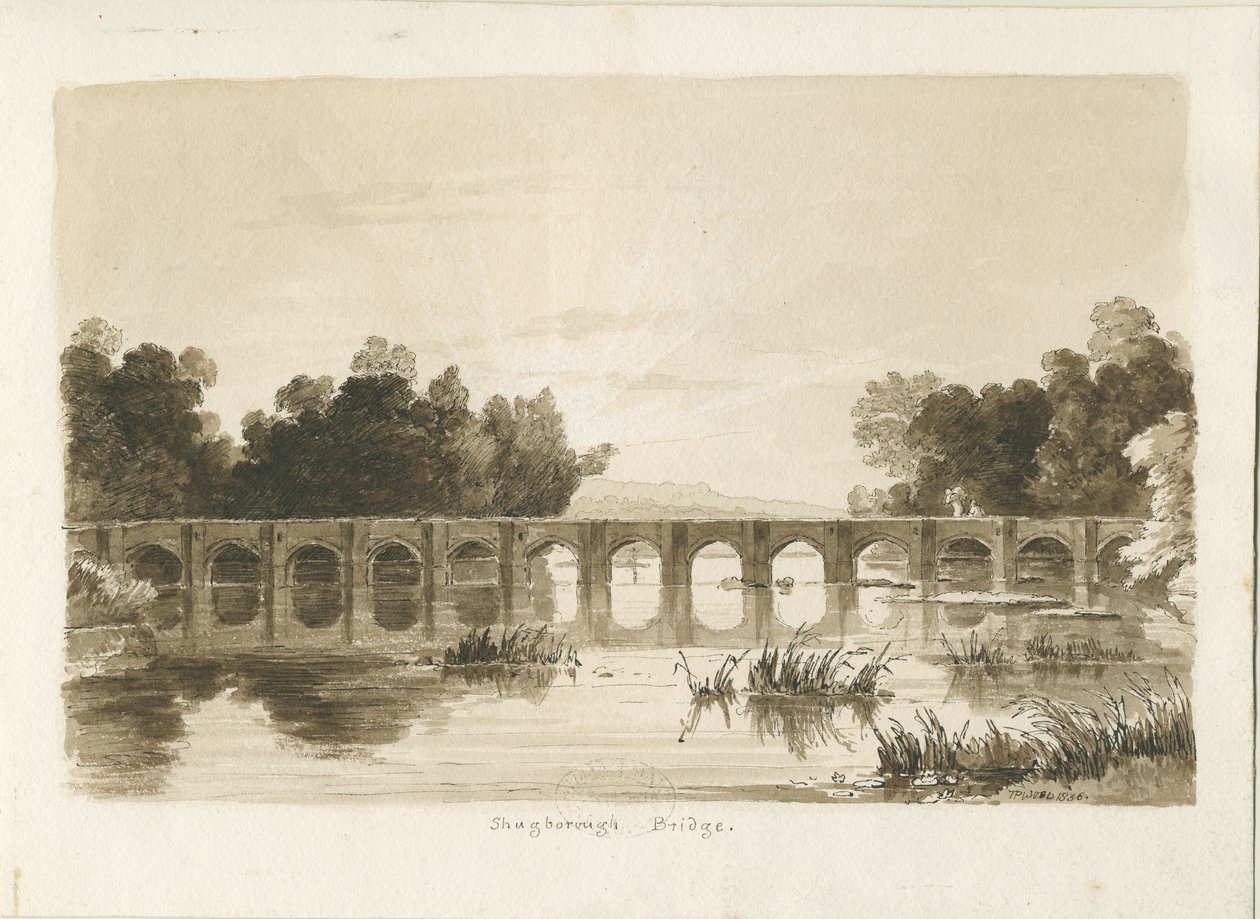 Shugborough Bridge: sépiová kresba od Thomas Peploe Wood