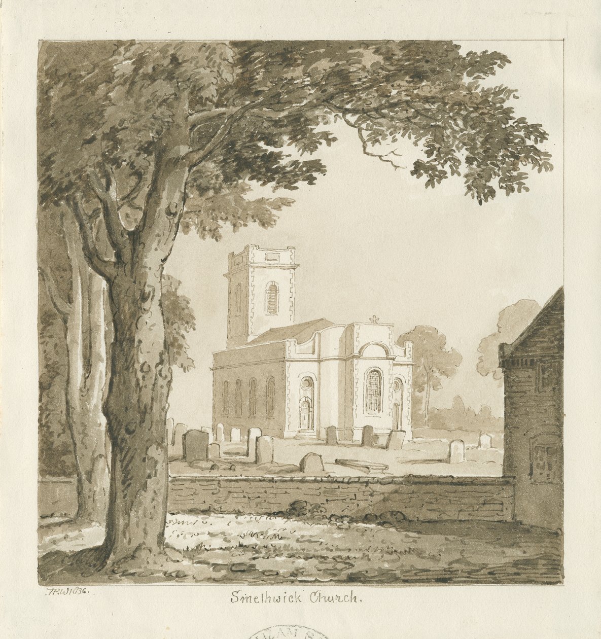Smethwick Church: sépiová kresba, 1836 od Thomas Peploe Wood