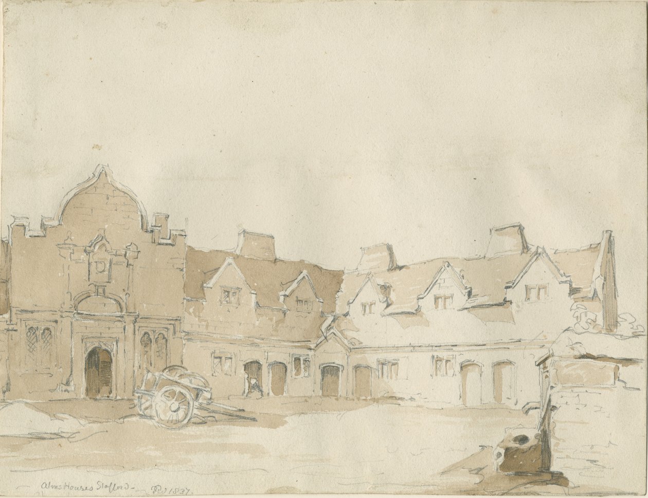 Stafford - Alms Houses: kresba perem, 1837 od Thomas Peploe Wood