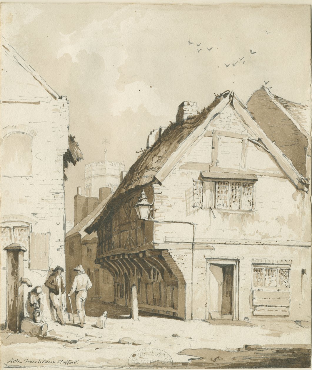 Stafford - Little Church Lane: sépiová kresba, nd [c 1837] od Thomas Peploe Wood