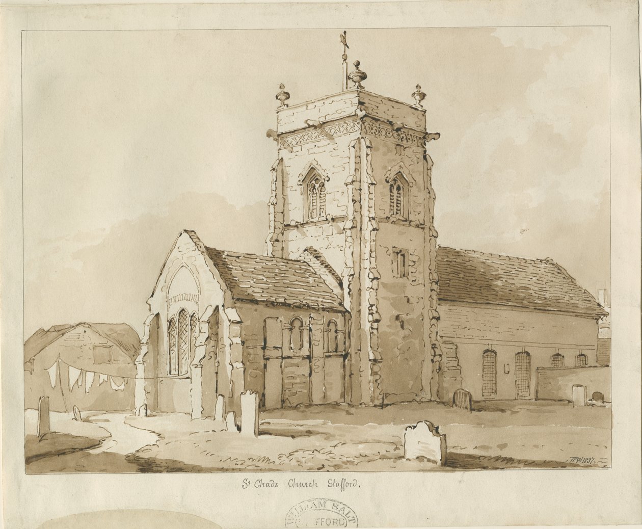 Stafford - Kostel sv. Čada: kresba perem a sépií, 1837 od Thomas Peploe Wood